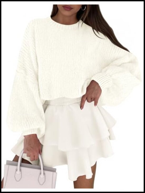 Sweaters - Chunky Knit Oversized Pullover Sweater Women Crewneck Lantern Sleeve